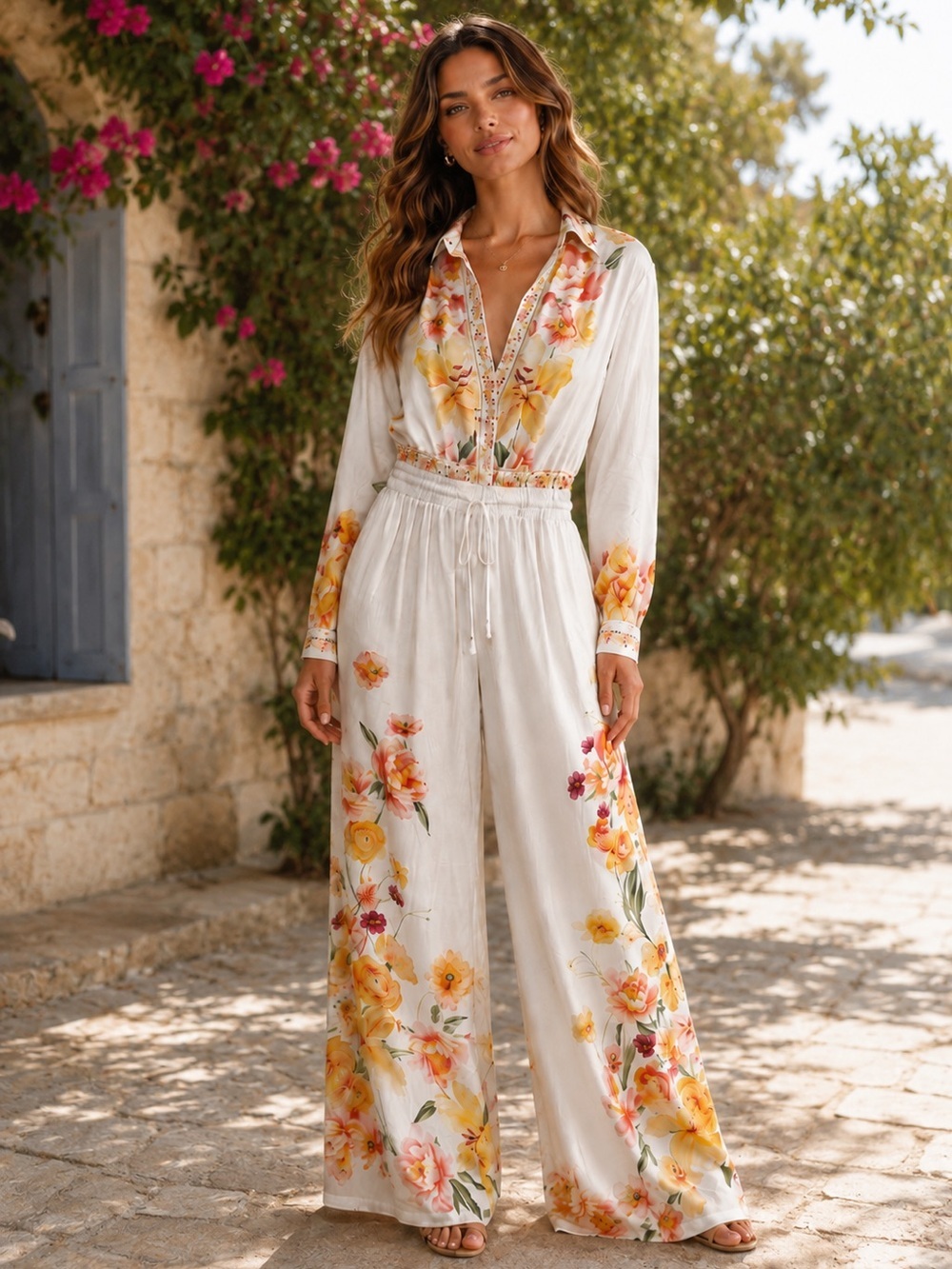 HALFHEART Women's Floral Wide-Leg Jumpsuit - White with Yellow & Pink Flowers